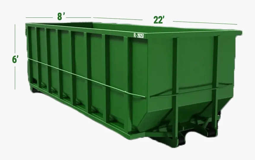30-yard roll-off dumpster, 22 ft long, 8 ft wide, 6 ft high